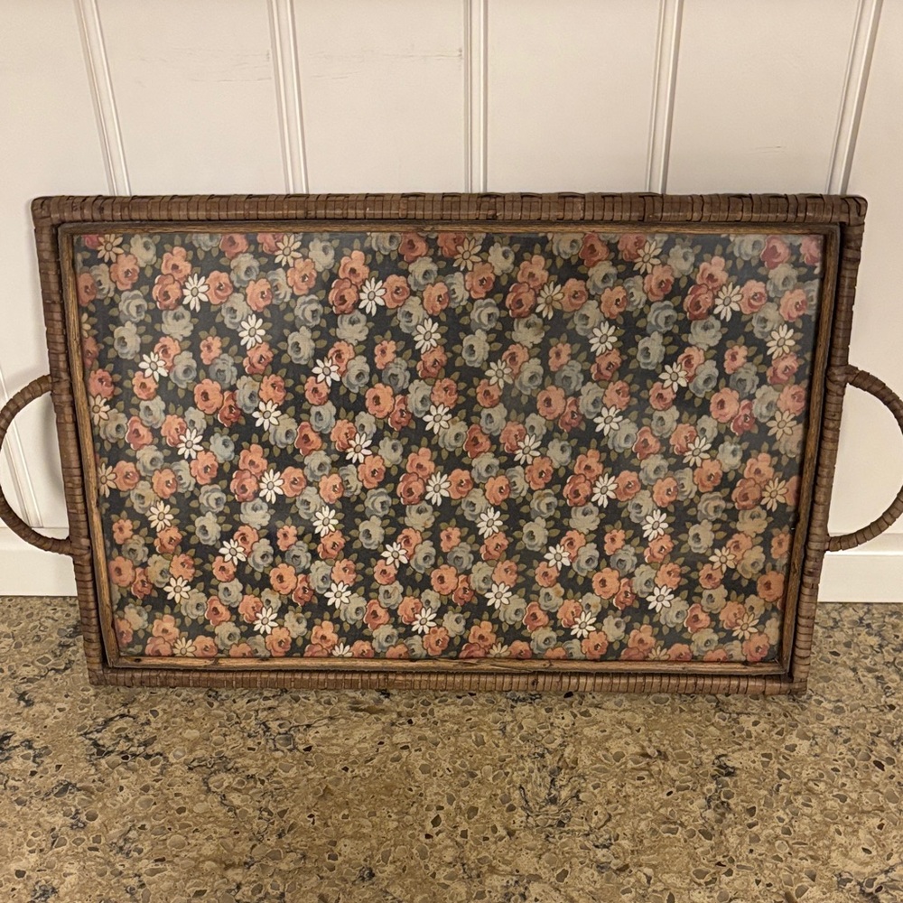 Vintage Cottagecore Floral Serveware Tray with Handles and Glass Top. Signed.